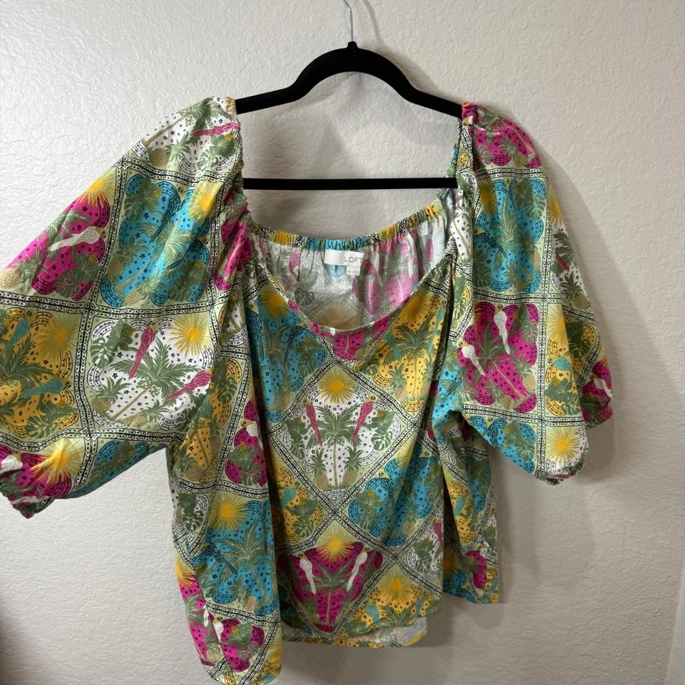 Loft XXL Tropical Parrot Palm Tree Print Puff Sleeve Top Resort Boho Vacation